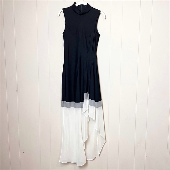 Theory Wool Silk High Low Maxi Dress 4 black white gray high neck flowy neutral - Picture 13 of 13